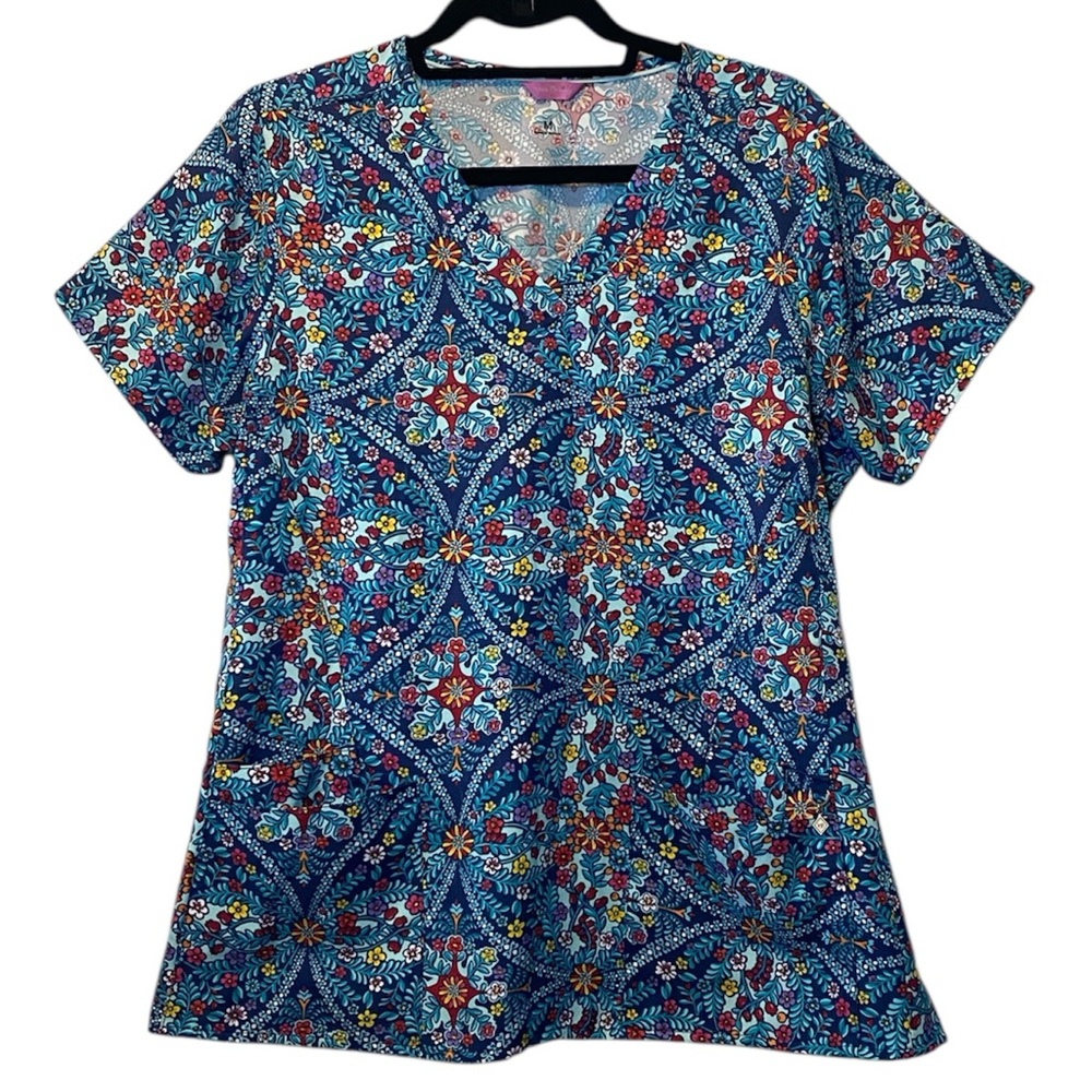 Vera Bradley Scrub Top Women’s Medium Blue Halo Kaleidoscope Short Sleeve Nurse
